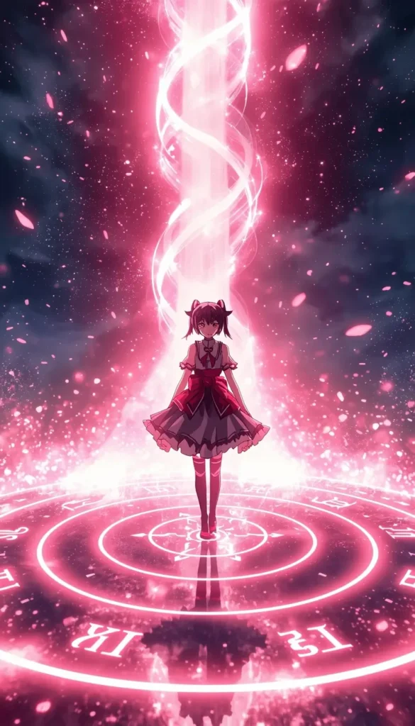 Madoka Kaname standing in a glowing magic circle with a bright energy beam, madoka magica wallpaper in high resolution.