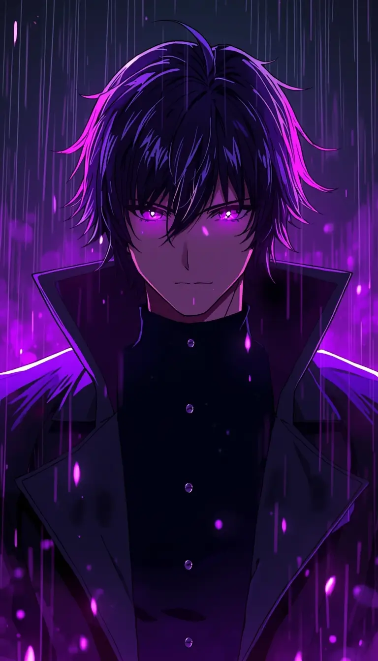 Anime character with glowing purple eyes in rain, madoka magica wallpaper style with neon lighting on dark background.