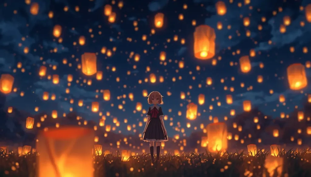 Madoka Kaname standing in a field under glowing lanterns at night, madoka magica wallpaper in high resolution.