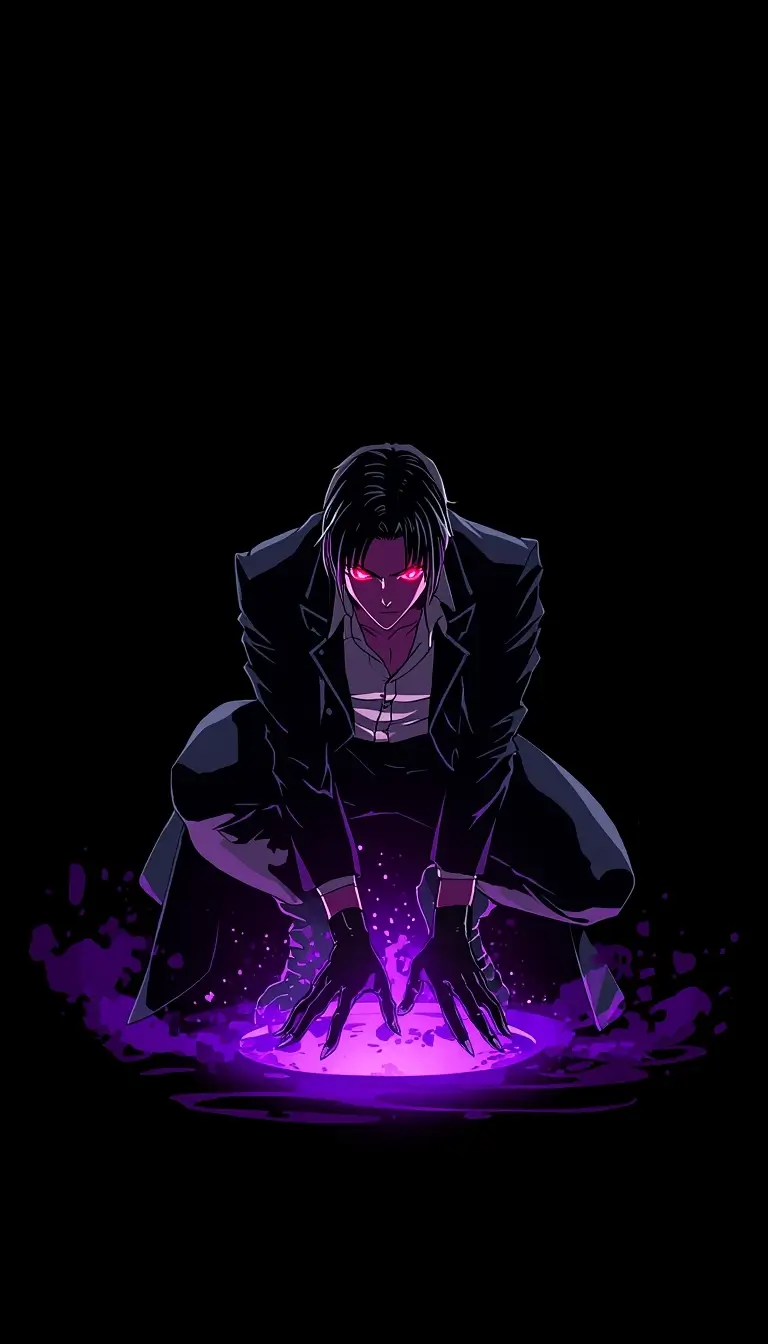 Dark anime character with glowing red eyes and purple energy on ground, madoka magica wallpaper style in intense AMOLED design.