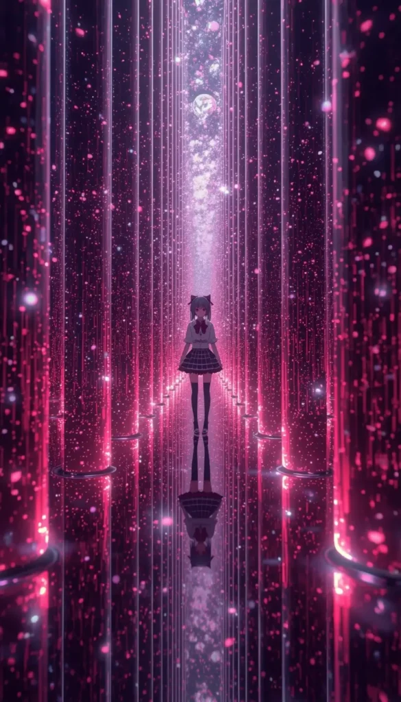 Madoka Kaname standing in a neon corridor with glowing pillars and sparkles, madoka magica wallpaper in high resolution.