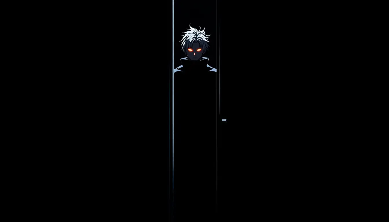 Dark anime character with glowing eyes seen through door gap, madoka magica wallpaper style in minimal black background.