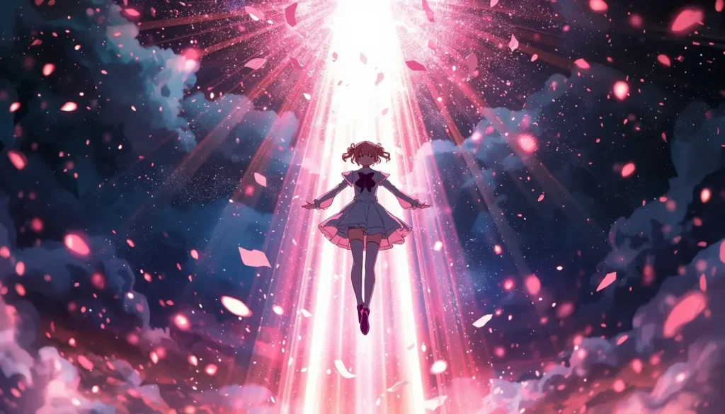 Madoka Kaname ascending in a bright beam of light with glowing petals, madoka magica wallpaper in high resolution.