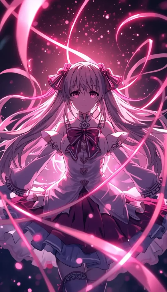 Madoka Kaname surrounded by glowing pink energy ribbons and particles, madoka magica wallpaper in high resolution.