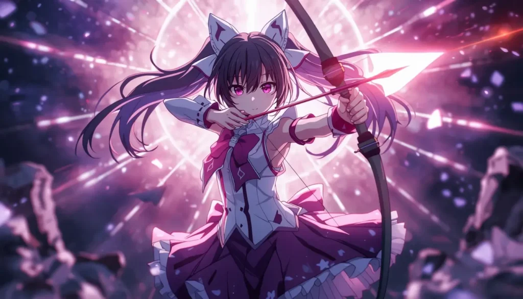Madoka Kaname aiming a glowing magical bow with radiant background, madoka magica wallpaper in high resolution.