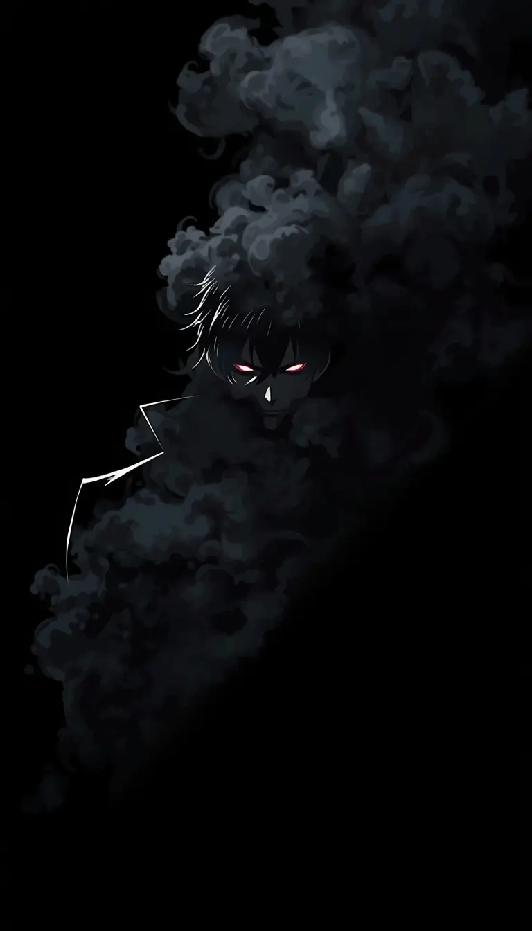 Dark anime face with glowing red eyes emerging from smoke, madoka magica wallpaper style in black minimal background.