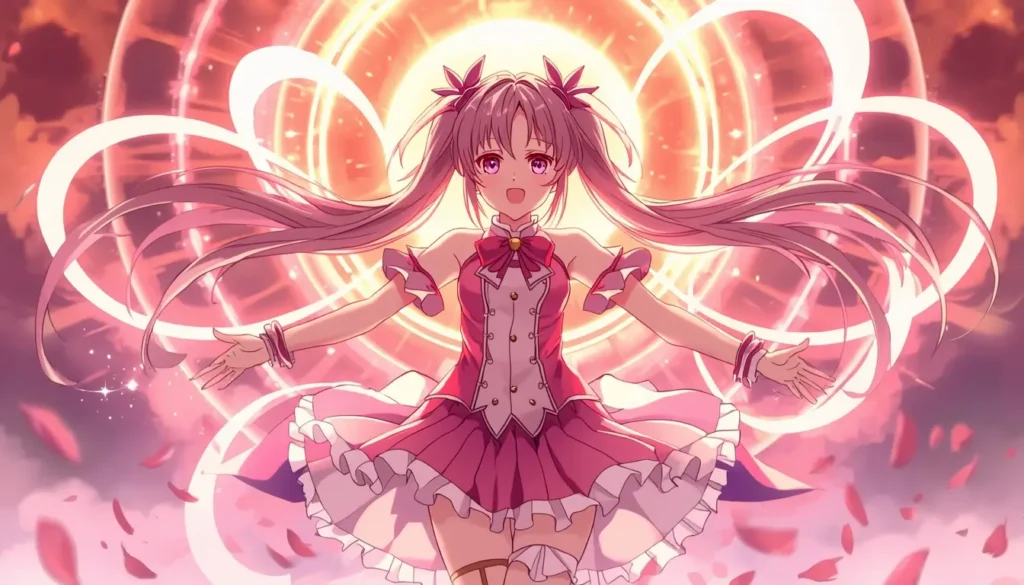 Madoka Kaname in a glowing transformation with magical rings and petals, madoka magica wallpaper in high resolution.