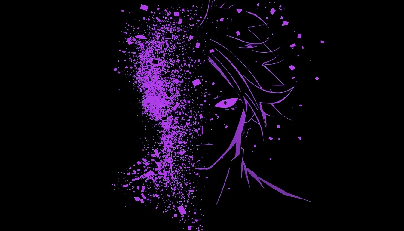 Anime face dissolving into purple particles, madoka magica wallpaper style with glitch effect on black background.