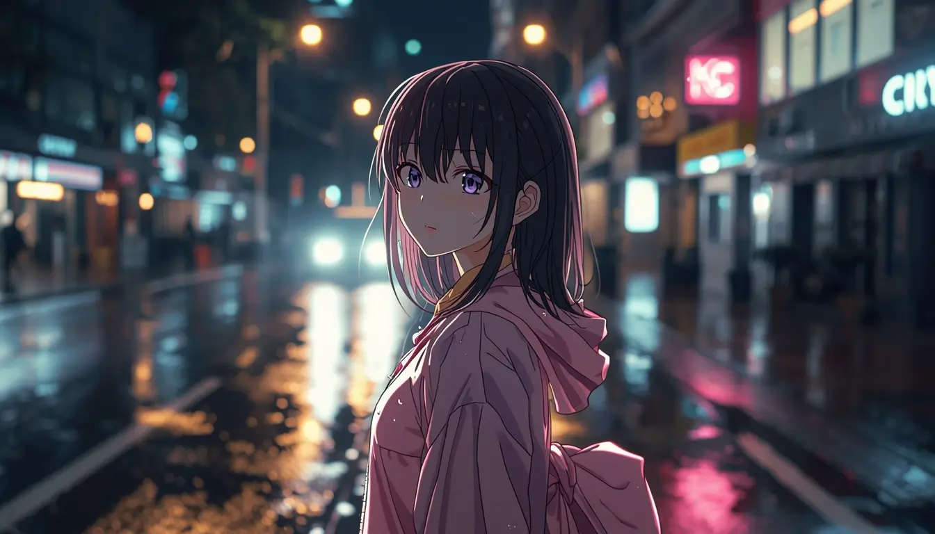 Madoka Kaname standing on a rainy city street at night with neon lights, madoka wallpaper in high resolution.
