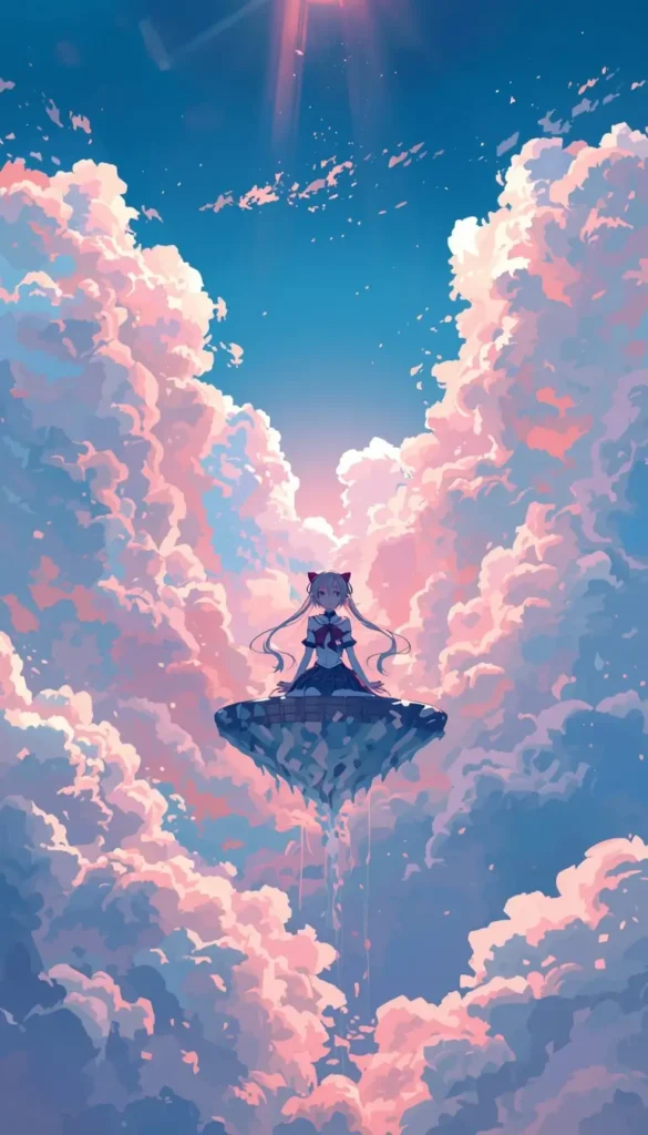 Madoka Kaname sitting on a floating platform in a sky full of soft clouds, madoka wallpaper in high resolution.