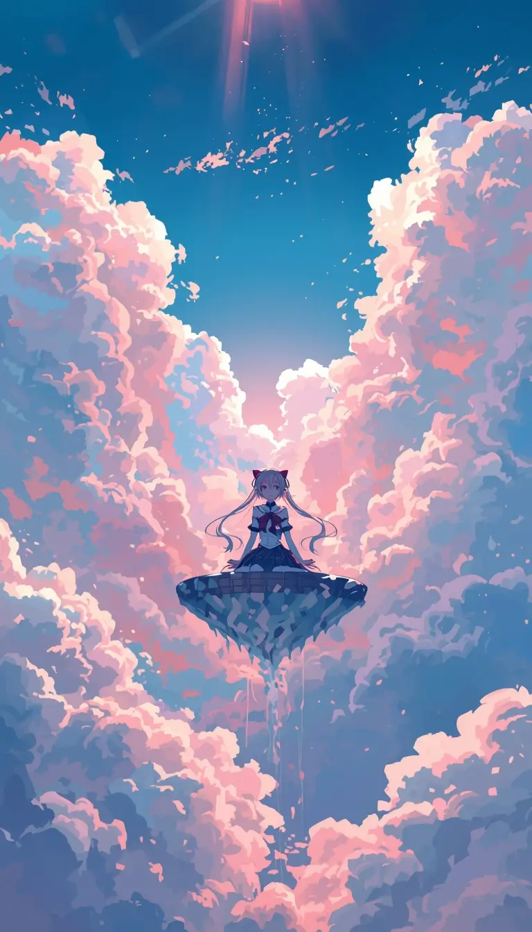 Madoka Kaname sitting on a floating platform in a sky full of soft clouds, madoka wallpaper in high resolution.