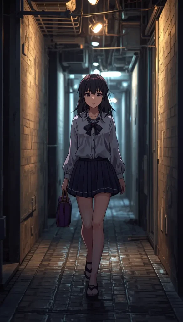 Madoka Kaname walking in a dimly lit alley at night with wet ground, madoka wallpaper in high resolution.