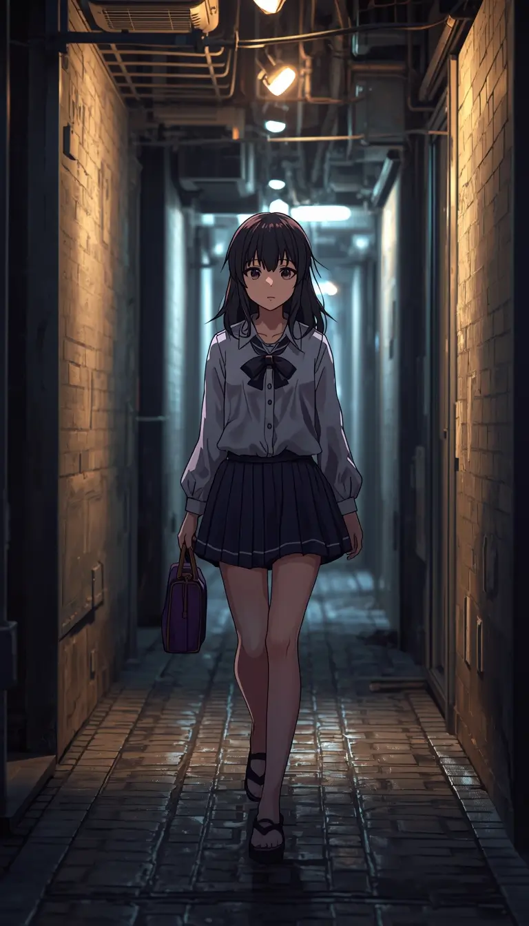 Madoka Kaname walking in a dimly lit alley at night with wet ground, madoka wallpaper in high resolution.