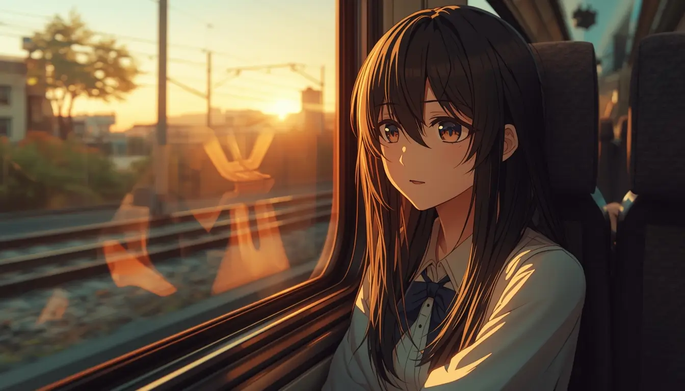 Madoka sitting by a train window during sunset with warm light, madoka wallpaper in high resolution.