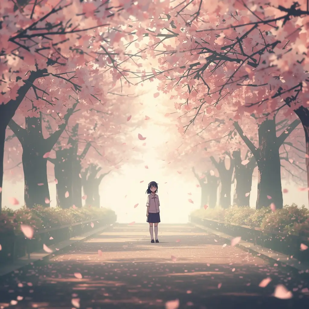 Madoka standing on a cherry blossom path with petals falling, mahou shoujo madoka magica wallpaper in high resolution.