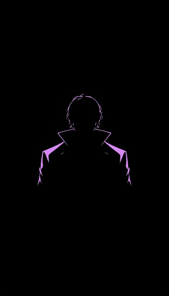 minimal-amoled-gambit-silhouette-wallpaper-4k-for-pc anime style Gambit silhouette with purple glow outline on dark black background creating clean minimal aesthetic wallpaper.