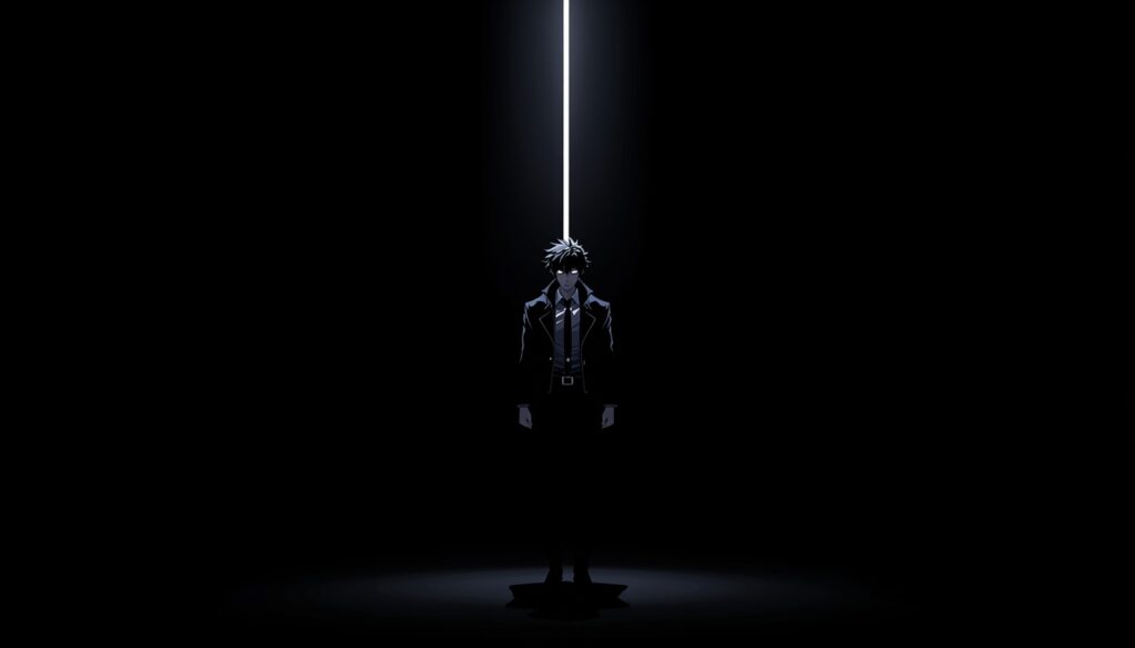 minimal-amoled-gambit-wallpaper-4k-for-pc anime style Gambit standing under single spotlight in dark background creating dramatic minimal cinematic scene.