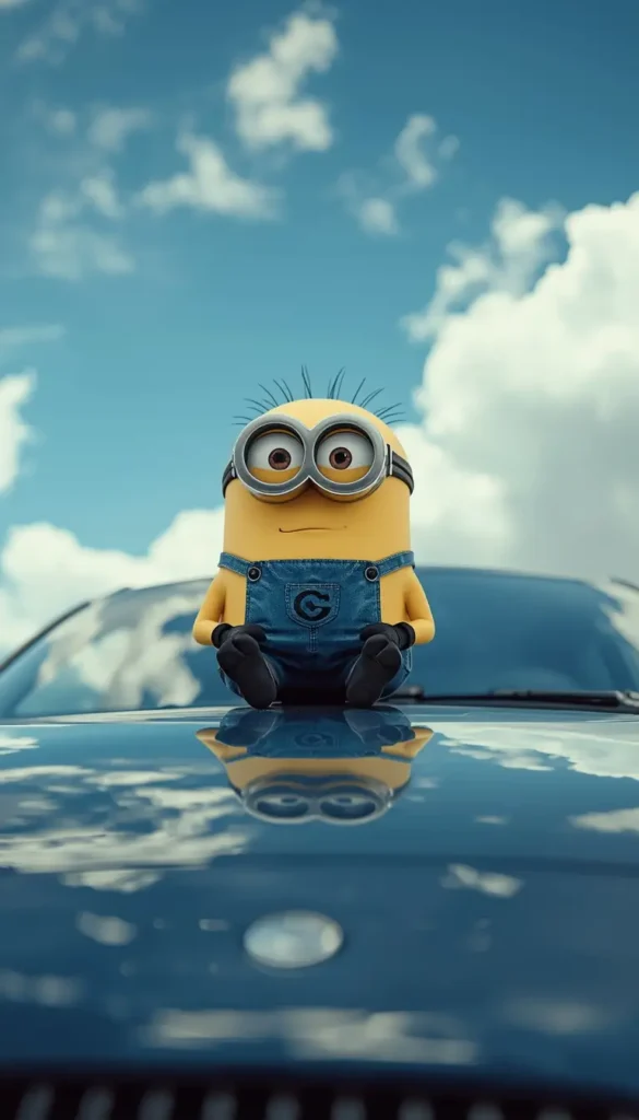 Cute Minion sitting on a shiny car under blue sky with clouds creating a clean and minimal minion desktop wallpaper background.