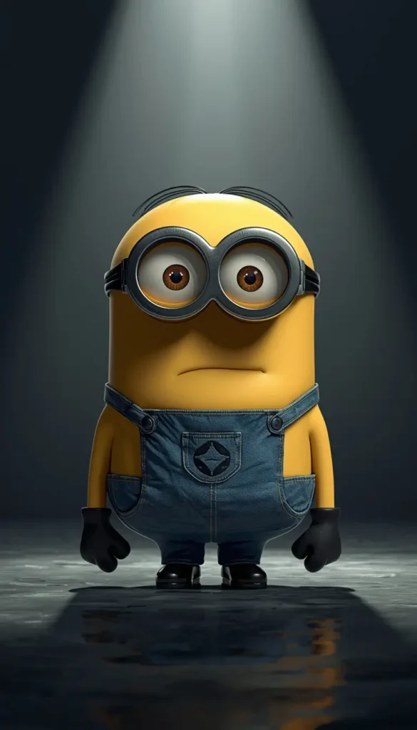 Single Minion standing under a spotlight with a dark background creating a minimal and dramatic minion wallpaper for desktop.