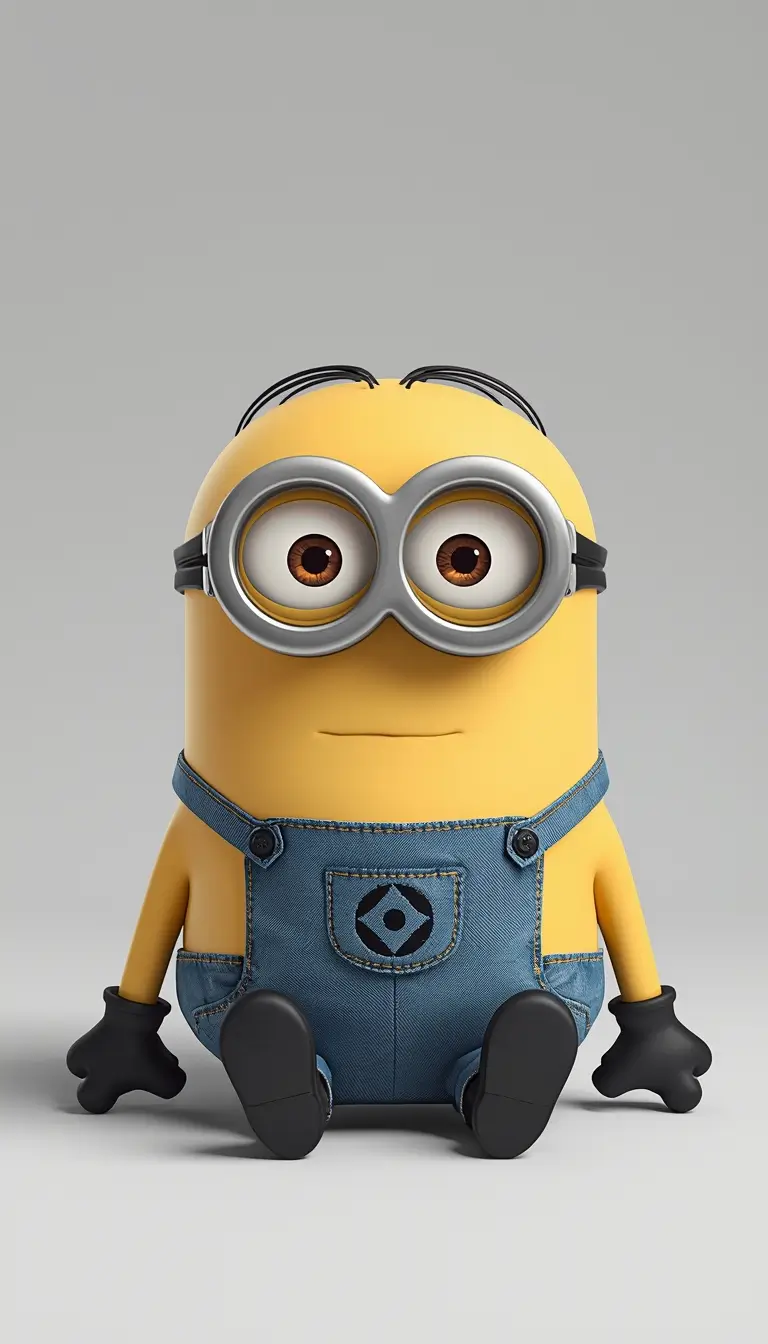 Cute Minion sitting on a neutral background with a calm expression creating a minimal minion wallpaper for desktop screens.