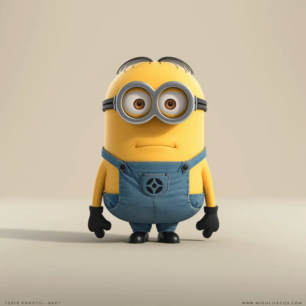Single cute Minion standing on a beige minimal background creating a clean and modern minion wallpaper for desktop screens.