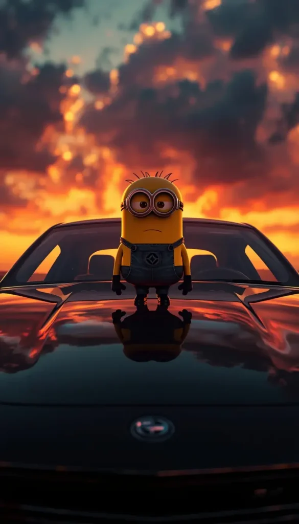 Single Minion standing on a car with a fiery sunset sky creating a dramatic minion wallpaper 4k for desktop background.