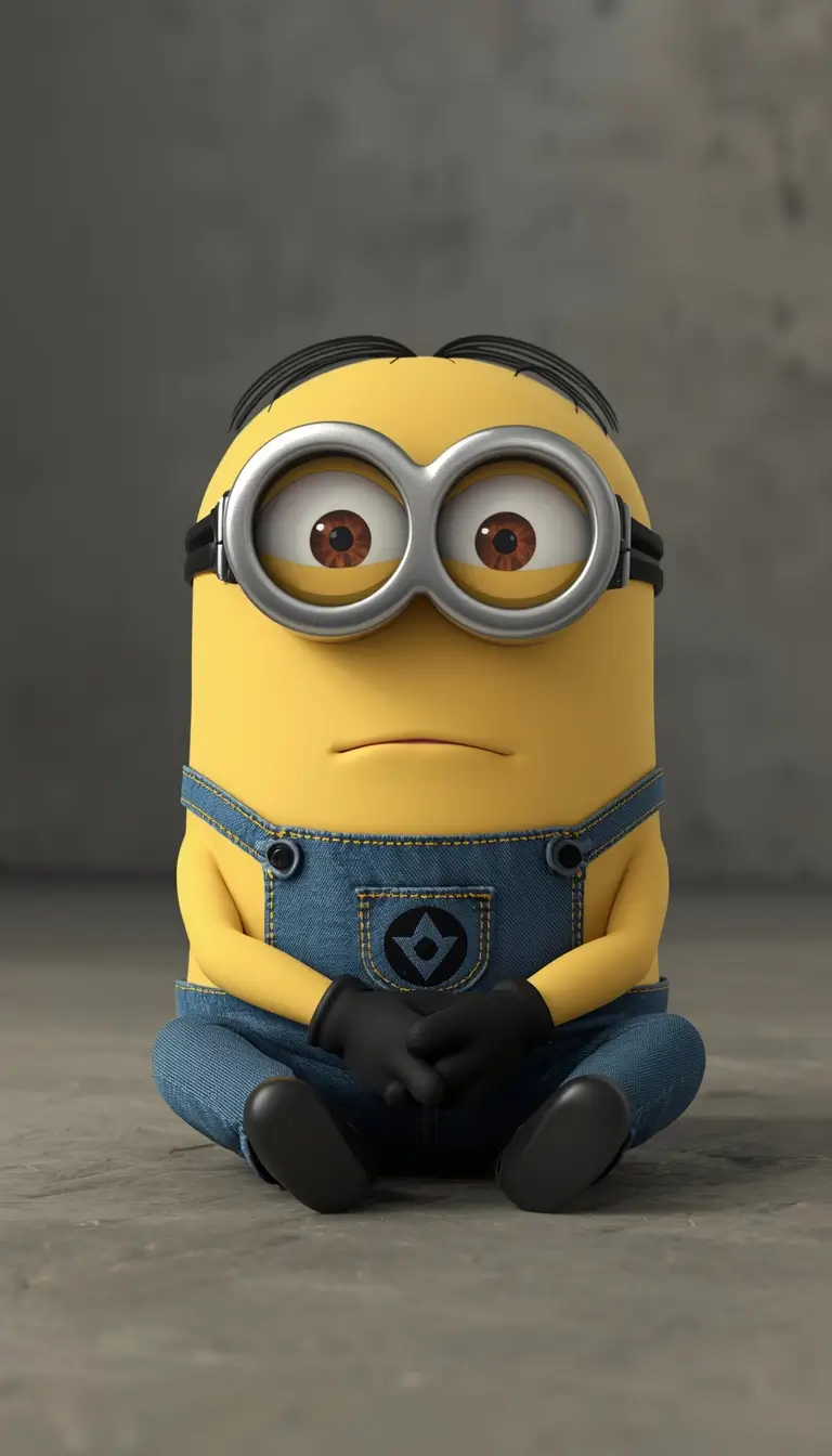 Cute Minion sitting calmly with hands together on a minimal background creating a peaceful minion wallpaper for desktop screens.
