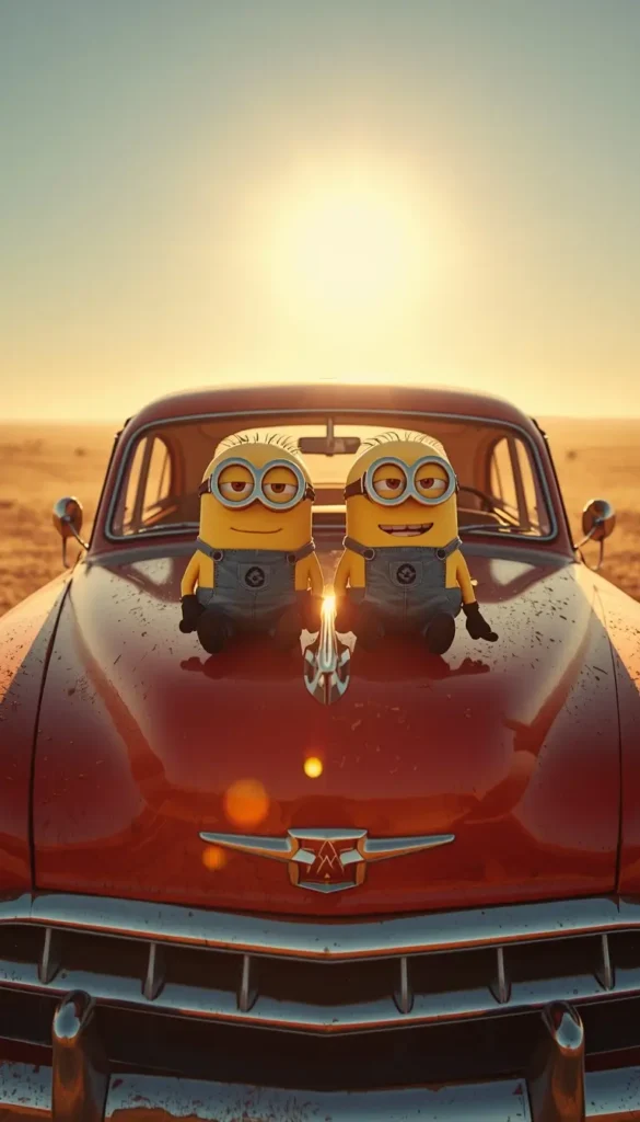 Two Minions sitting on a vintage car hood in a desert sunset creating a warm and cinematic minion wallpaper for desktop background.