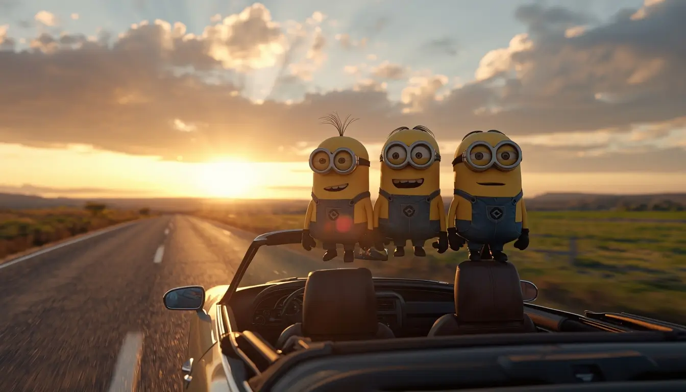 Three Minions standing on a convertible car on an open road during sunset creating a cinematic minions desktop wallpaper background.