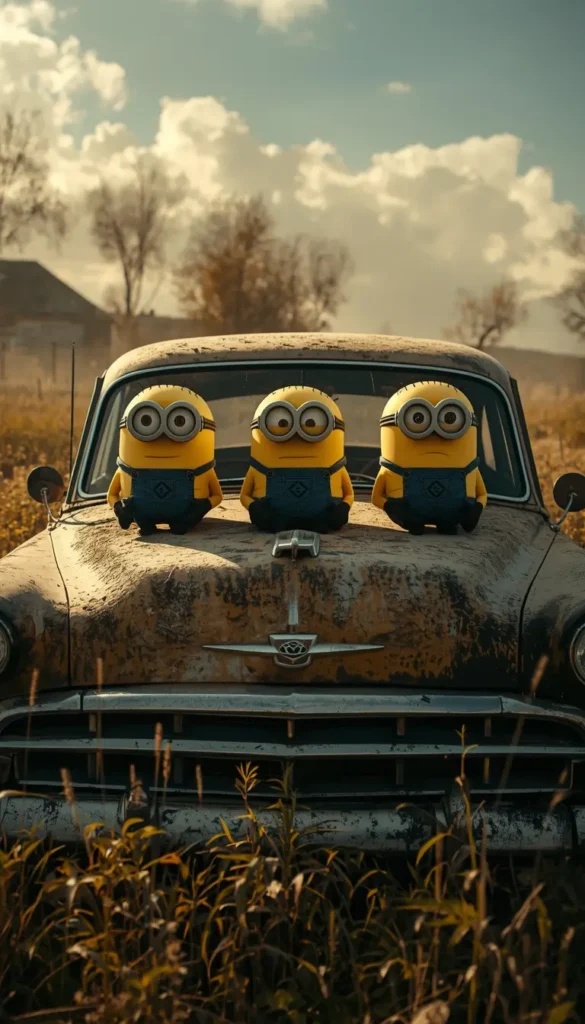 Three Minions sitting on a rusty vintage car in a countryside setting creating a rustic minions wallpaper for desktop background.