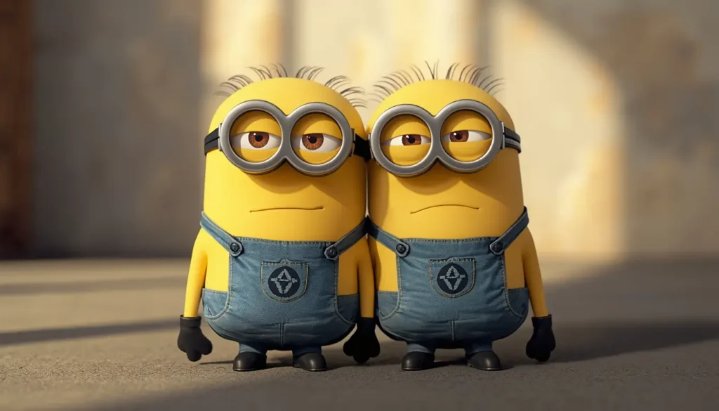 Two Minions standing close together with calm expressions creating a clean and aesthetic minions wallpaper for desktop background.