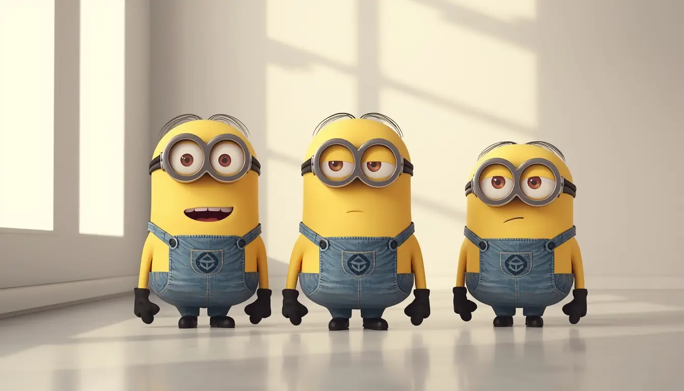 Three Minions standing side by side in a bright minimal room creating a clean and modern minions wallpaper for desktop background.