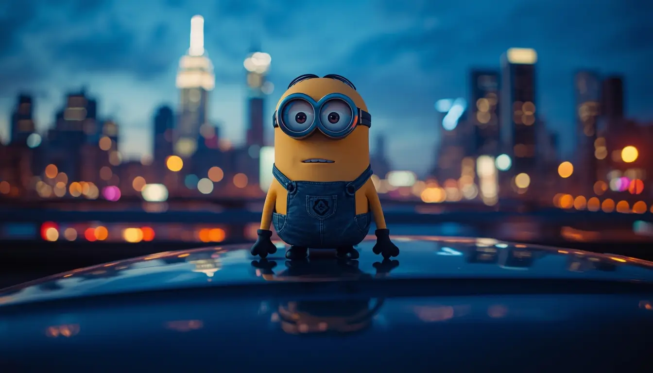 Single Minion standing on a car with a blurred city skyline at night creating a stylish minions wallpaper 4k for desktop background.