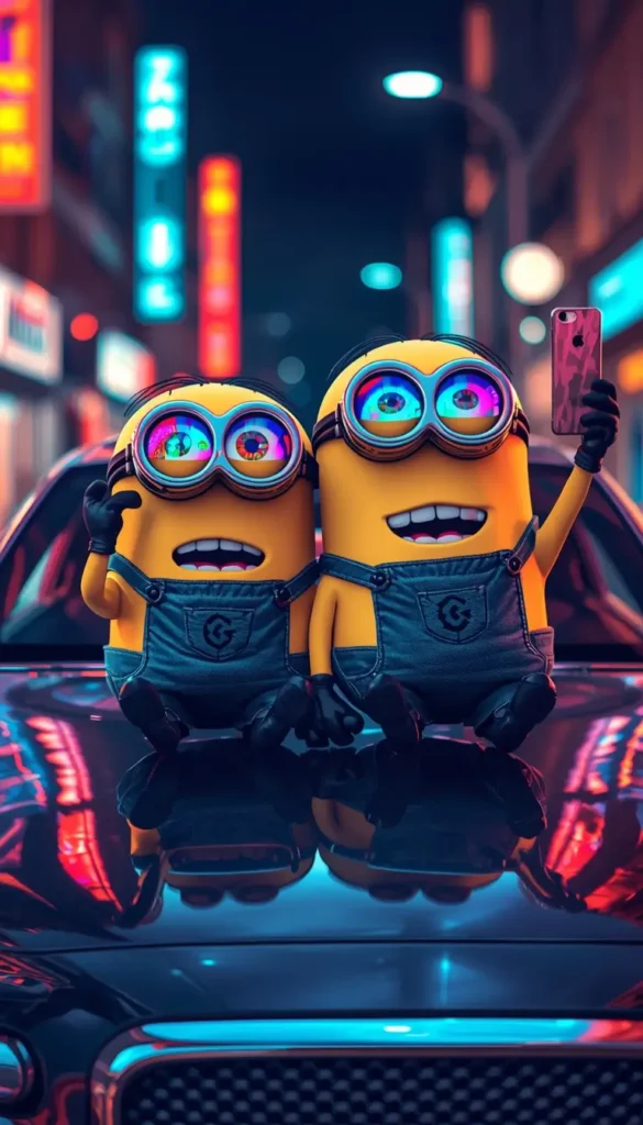 Two Minions taking a selfie on a car in a neon city at night creating a colorful minions wallpaper 4k for desktop background.