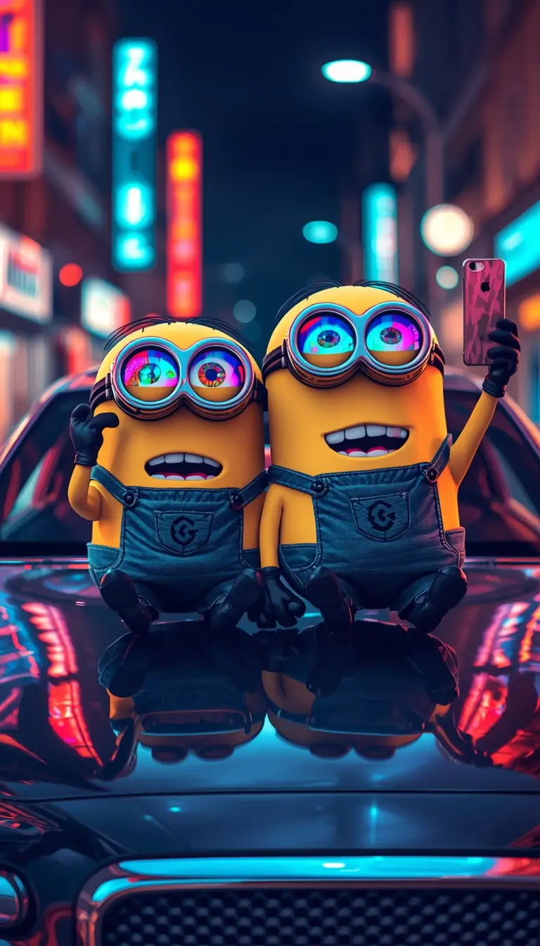 Two Minions taking a selfie on a car in a neon city at night creating a colorful minions wallpaper 4k for desktop background.