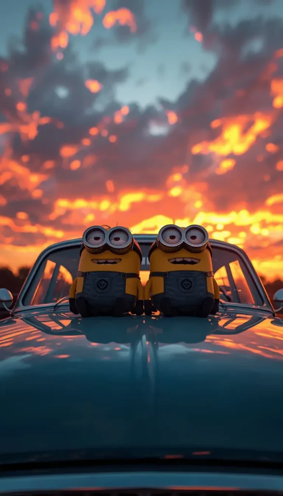 Two Minions sitting on a classic car under a dramatic orange sunset sky creating a vibrant minions wallpaper for desktop background.