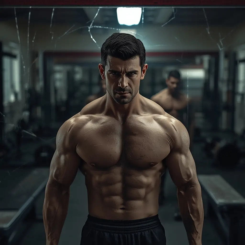 Muscular man gym wallpaper with intense expression and cinematic fitness lighting in workout environment