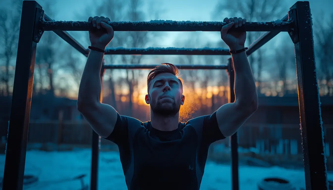 Pull up workout wallpaper showing athlete training outdoors at sunrise with intense fitness motivation