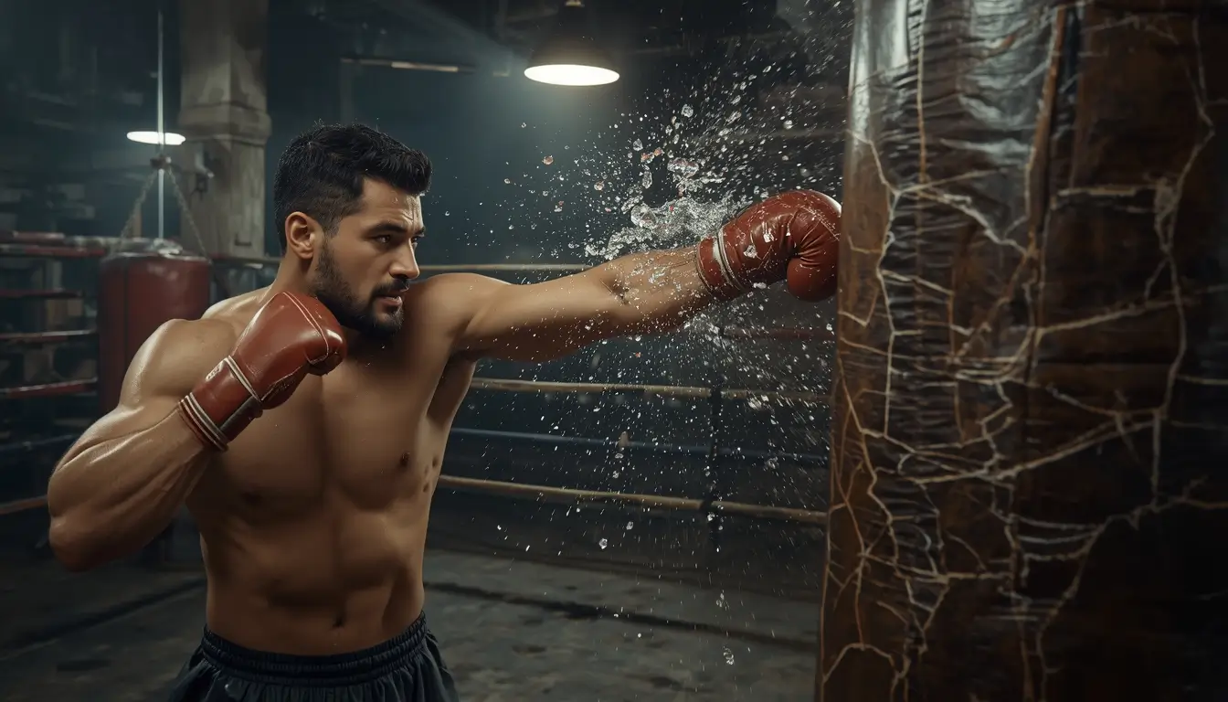 Punching bag wallpaper featuring boxer throwing powerful punch in cinematic boxing gym scene