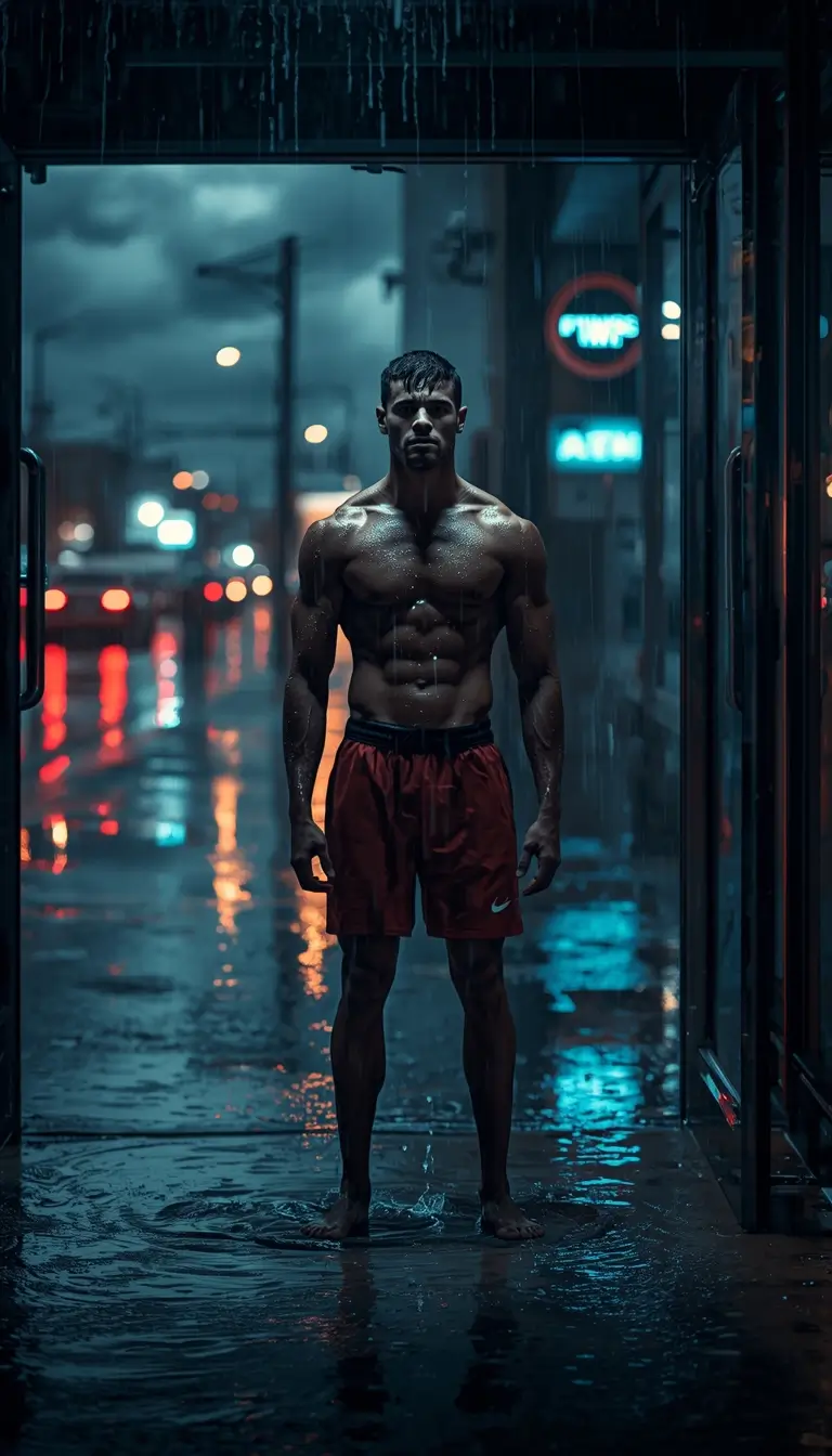 Rain gym wallpaper showing muscular athlete standing in stormy urban night after intense workout session