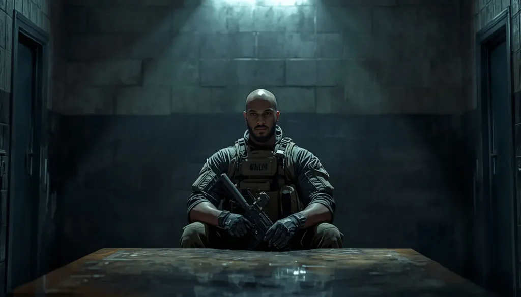 Operator in interrogation room rainbow-six-siege-wallpaper cinematic r6 wallpaper dark tactical gaming background.