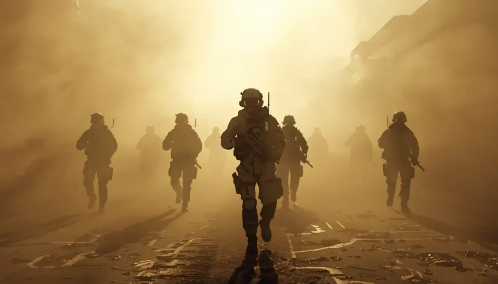 Tactical squad advancing through dust rainbow-six-siege-wallpaper-4k cinematic r6 wallpaper action gaming background.