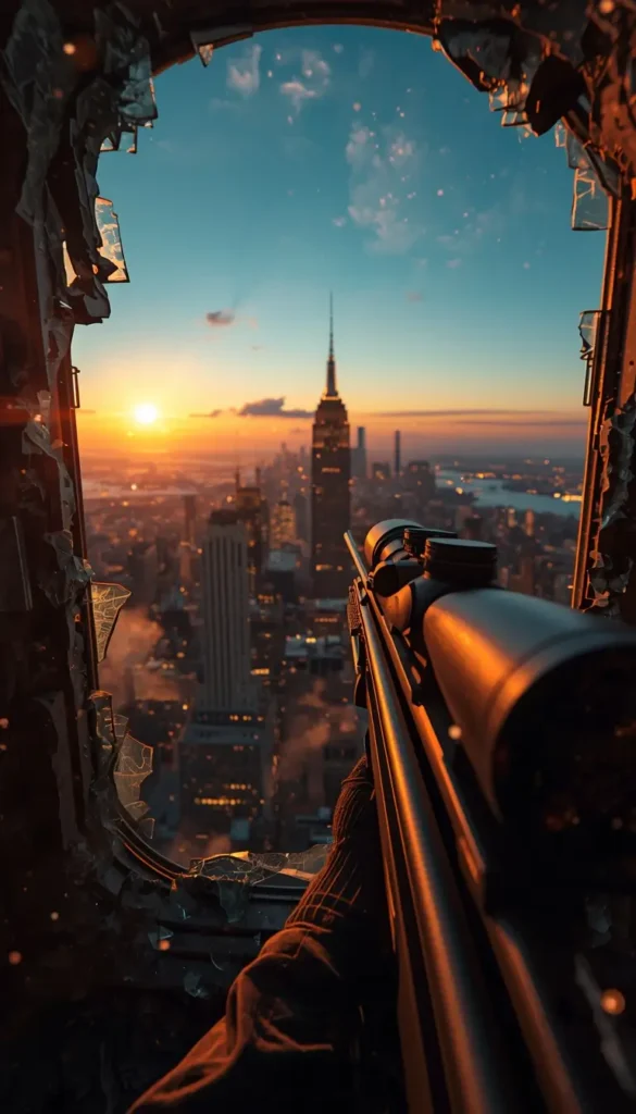 Sniper aiming from window rainbow-six-siege-wallpaper-4k city sunset cinematic r6 wallpaper gaming background.