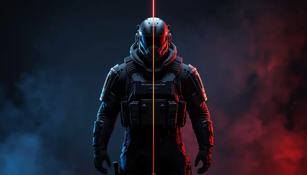 Split light operator red blue rainbow-six-siege-wallpaper-4k cinematic r6 wallpaper gaming background design.