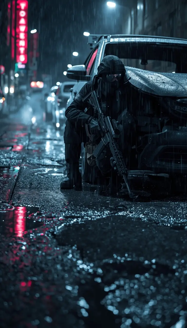 Operator taking cover in rainy street rainbow-six-siege-wallpaper cinematic r6 wallpaper night action gaming background.