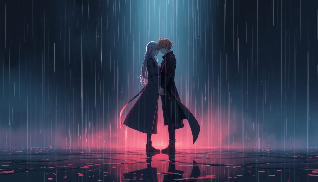 romantic-gambit-rogue-wallpaper-4k-for-pc anime style Gambit and Rogue standing close in rain with glowing reflections on ground and cinematic emotional background.