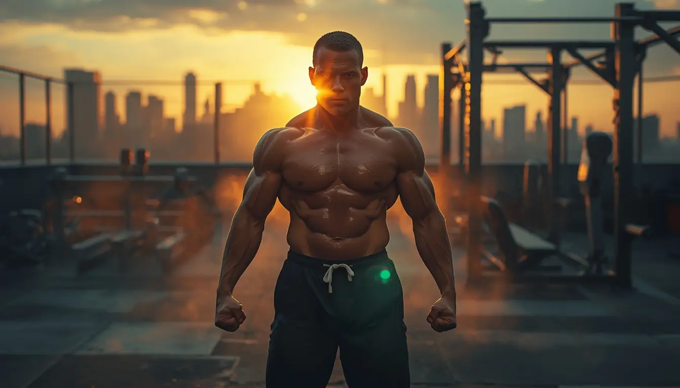 Rooftop gym wallpaper showing muscular athlete at sunrise with city skyline and cinematic fitness lighting