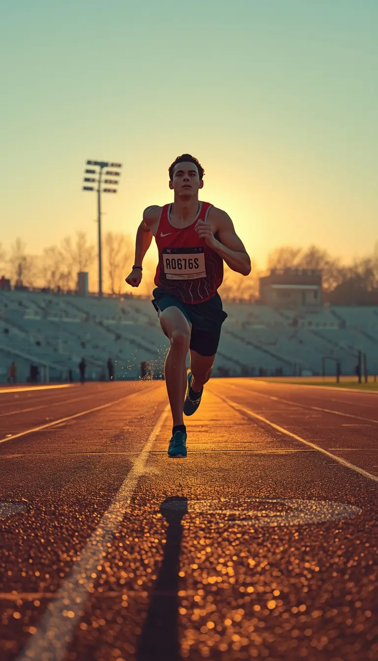 Running track wallpaper featuring athlete sprinting at sunrise during intense training session