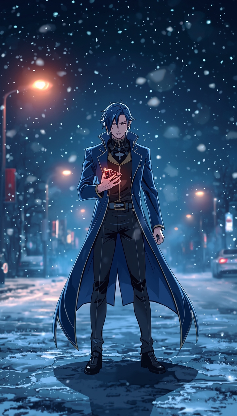 snow-gambit-wallpaper-4k-for-pc anime style Gambit standing on snowy street at night holding glowing cards with falling snow and cinematic city lights background.