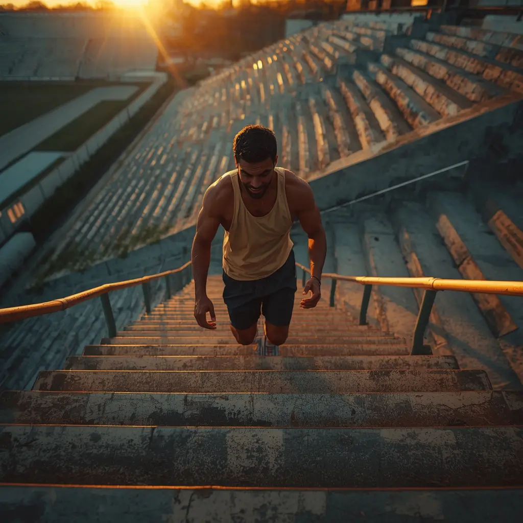 Stair workout wallpaper showing athlete running stadium stairs during sunrise fitness training session